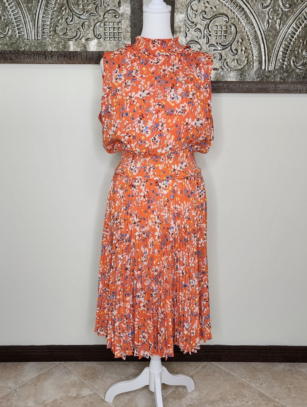 Nanette Lapore Orange Floral Pleated Sleeveless Drop Waist Midi Dress Sz12 Party - Picture 14 of 14
